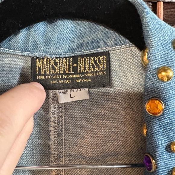 Vintage Marshall Rousso Embellished Denim Duster Coat L Rhinestone Studded - Picture 4 of 10